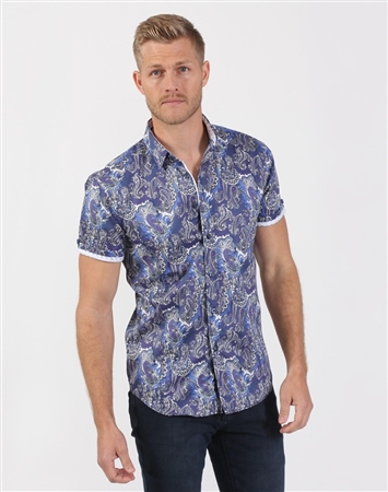 Navy Blue Men’s Designer Paisley Shirt- Men’s Button Short Sleeve Blue