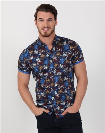 Energetic Navy Multi Sketch Cotton Shirt- Navy Short Sleeve Men’s 